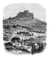 de rots van caylus, in de buurt Sint-Afrique aveyron, wijnoogst gravure. foto