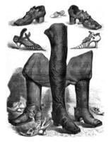 schoenen Aan Scherm in de historisch museum van kostuum, in 1874, wijnoogst gravure. foto