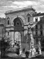 de standbeeld van leonardo da vinci en de galleria vittorio emanuele in Milaan, wijnoogst gravure. foto