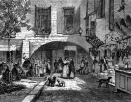 Aan de markt vierkant, in beaucaire, wijnoogst gravure. foto