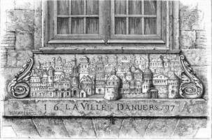 bas-reliëf van een huis in dieppe vertegenwoordigen de stad van antwerpen, wijnoogst gravure. foto