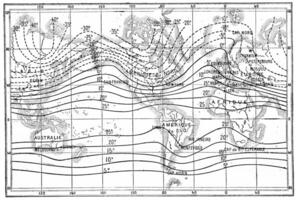 kaart van isothermisch lijnen of isothermen van winter, wijnoogst gravure. foto