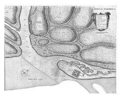 kaart van de eiland van itamaraca met fort oranje, 1636-1644, wijnoogst illustratie. foto