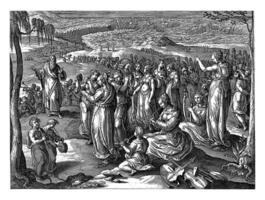 Mozes en de Israëlieten zeggen een lied van Met dank, wijnoogst illustratie. foto