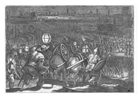 belegering van camollia en siena, philips gal, na jan busje der straat, 1583, wijnoogst illustratie. foto