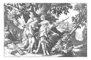 Jupiter verleidt Callisto in de vermomming van Diana, wijnoogst illustratie. foto