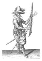 soldaat Holding zijn musket rechtop, wijnoogst illustratie. foto