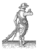 soldaat gieten buskruit over- zijn musket, wijnoogst illustratie. foto