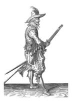 soldaat Holding zijn musket door zijn links dij met beide handen, wijnoogst illustratie. foto