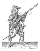 soldaat plaatsen zijn furket onder zijn musket, wijnoogst illustratie. foto