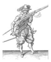 soldaat blazen vonken van de pan van zijn musket, wijnoogst illustratie. foto