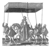 de hertog van anjou Aan te paard onder een overkapping, 1582, Abraham de bruijn, 1582, wijnoogst illustratie. foto