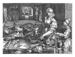 keuken stuk met een vrouw schoonmaak vis, Abraham busje meer, na pieter Aertsen, 1608 - 1613 foto