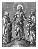 herrezen Christus vergezeld door Maria en John de doper, hieronymus Wierix, 1563 - 1619 foto