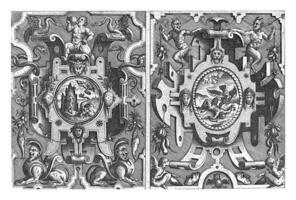 twee cartouches met mythologisch scènes foto