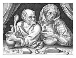 Mens en vrouw aan het eten pap, Nicolaas de bruijn, 1581 - 1656 foto