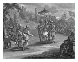 hernan cortes voldoet aan Montezuma in tenochtitlan foto