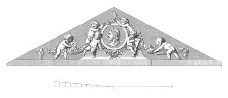 timpaan van de facade van de theater van Amsterdam, reinier vinkeles i, na Jakob eduard de wit, 1774 foto