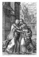 visitatie, Johannes Wierix, na pieter busje der borcht i, 1573 Mary's bezoek naar haar neef elisabet. foto
