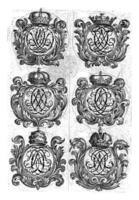 zes toegekend cartouches met brief monogrammen acd-aci, daniël de lafeuille, c. 1690 - c. 1691 foto