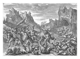 Samson doodt de filistijnen met een ass kaak, antonie wierix ik, na maerten de vos, 1585 foto