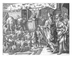 Noach en zijn familie en de dieren bord de ark, cornelis cort foto