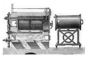 in beweging cilinder distillatie inrichting gebruikt in buskruit voor steenkool voorbereiding lengte- sectie, wijnoogst gravure. foto