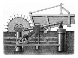 martinet Stiermarken gedreven door een water wiel, wijnoogst gravure. foto