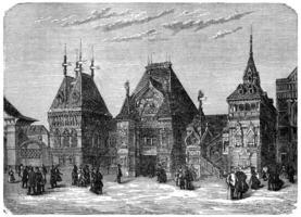 facade van de Russisch sectie Bij de 1878 expositie, wijnoogst gravure. foto