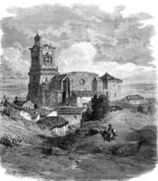 kerk van arcos de la voorkant, wijnoogst gravure. foto