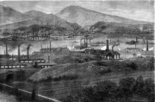 fabrieken in de taff vallei, wijnoogst gravure. foto
