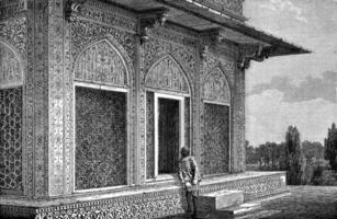 mausoleum van i'timad-ud-daulah bovenste kiosk in agra, wijnoogst gravure. foto