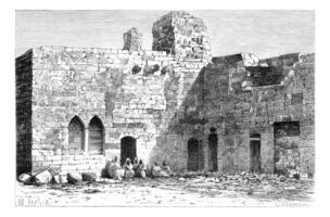 rechtbank van kalat es schema kasteel, in de buurt band, Libanon, wijnoogst gravure foto