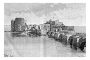 brug koppelen de stad- naar sidon zee kasteel in sidon, Libanon, wijnoogst gravure foto