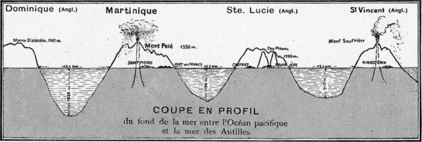 besnoeiing in profiel van de theater van de vulkanisch catastrofe van de minder Antillen in mei 1902, wijnoogst gravure. foto