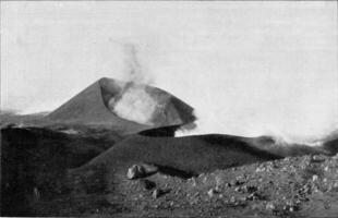 vulkanisch kegels parasieten van Etna, Sicilië, wijnoogst gravure. foto