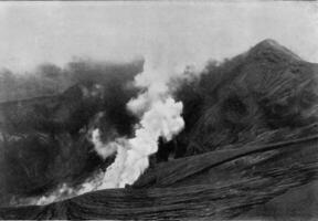 binnen de krater van soufriere na de tweede uitbarsting, wijnoogst gravure. foto