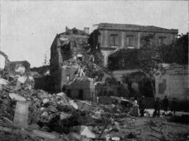 effect van de aardbeving en aarde van 1883 in de eiland van ischia, wijnoogst gravure. foto