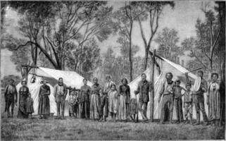 Australisch indianen in voorkant van hun tenten, wijnoogst gravure. foto