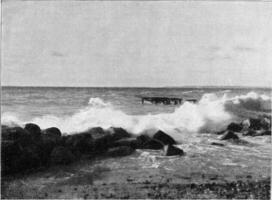 brekers Aan een vlak kust, wijnoogst gravure. foto