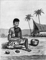 vervaardiging van een pottenbakkerij met klei kralen in nieuw Guinea, wijnoogst gravure. foto