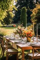 ai gegenereerd herfst tafel landschap, herfst- avondeten tafel instelling, vakantie tafellandschap voor bruiloft, verjaardag of partij evenement viering, generatief ai foto