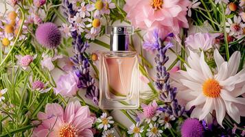 ai gegenereerd parfum fles in bloemen, geur Aan bloeiend achtergrond, bloemen geur en kunstmatig Product foto