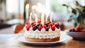 ai gegenereerd eigengemaakt verjaardag taart in de Engels platteland huis, huisje keuken voedsel en vakantie bakken recept foto