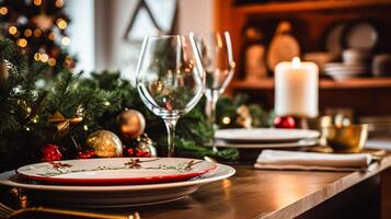 ai gegenereerd serviesgoed en serviesgoed reeks voor winter vakantie familie diner, Kerstmis huishoudartikelen decor voor vakantie in de Engels land huis, geschenk reeks en huis styling foto