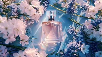 ai gegenereerd parfum fles in bloemen, geur Aan bloeiend achtergrond, bloemen geur en kunstmatig Product foto