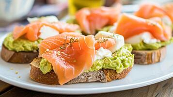 ai gegenereerd avocado geroosterd brood met gerookt Zalm voor ontbijt, eigengemaakt keuken en traditioneel voedsel, land leven foto