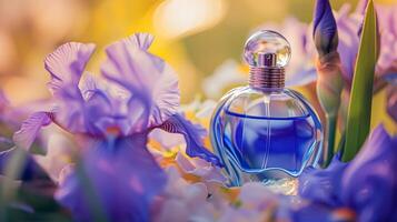 ai gegenereerd parfum fles in bloemen, geur Aan bloeiend achtergrond, bloemen geur en kunstmatig Product foto