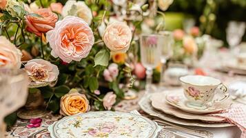 ai gegenereerd tuin partij tafellandschap, elegantie met bloemen tafel decor foto
