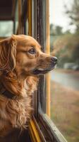 ai gegenereerd familie hond wacht loyaal door school- bus, belichamen vriendschap en loyaliteit. foto